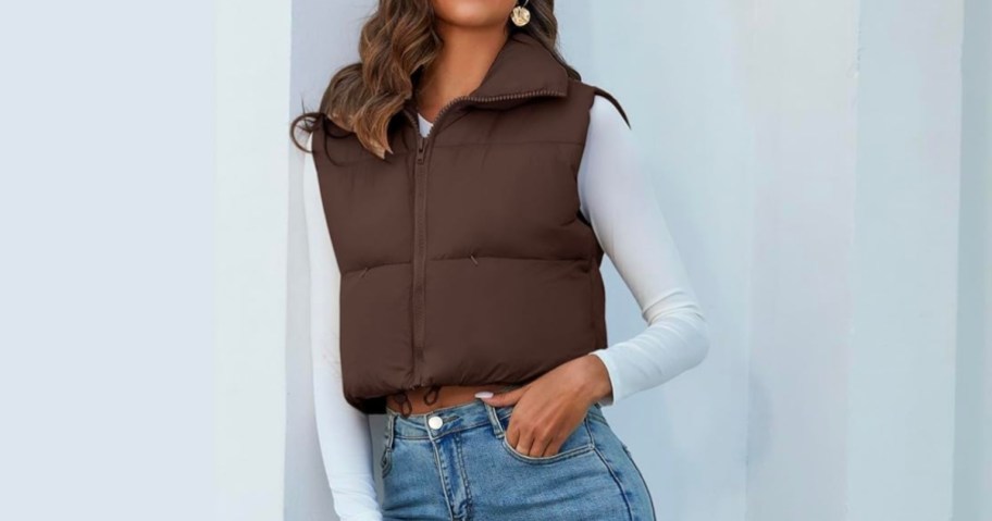 woman wearing flygo cropped puffer vest in brown