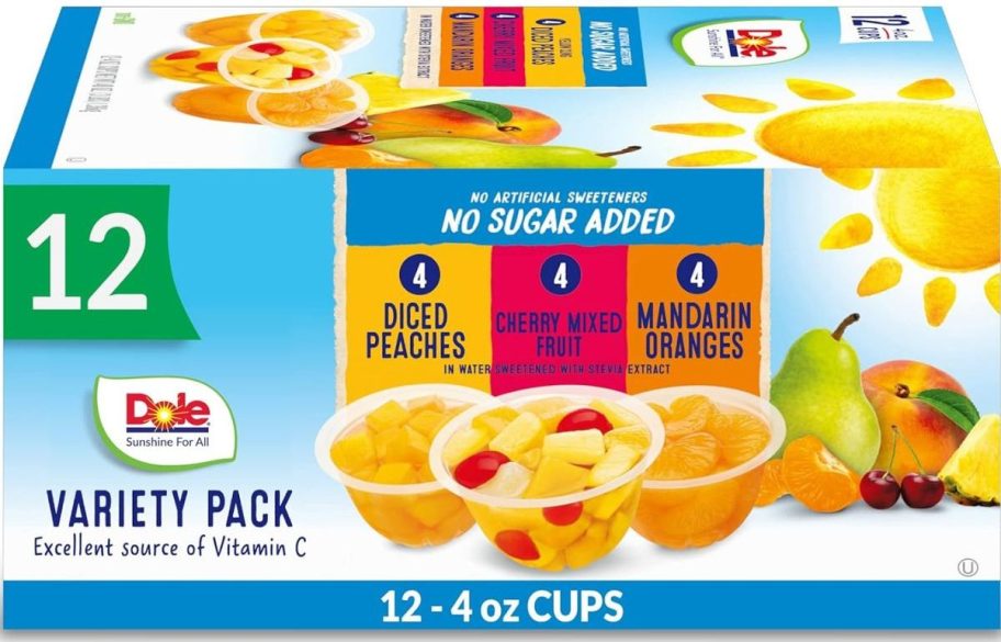 Stock image of a boxed of Dole Sugar Free Mixed Fruit Cups