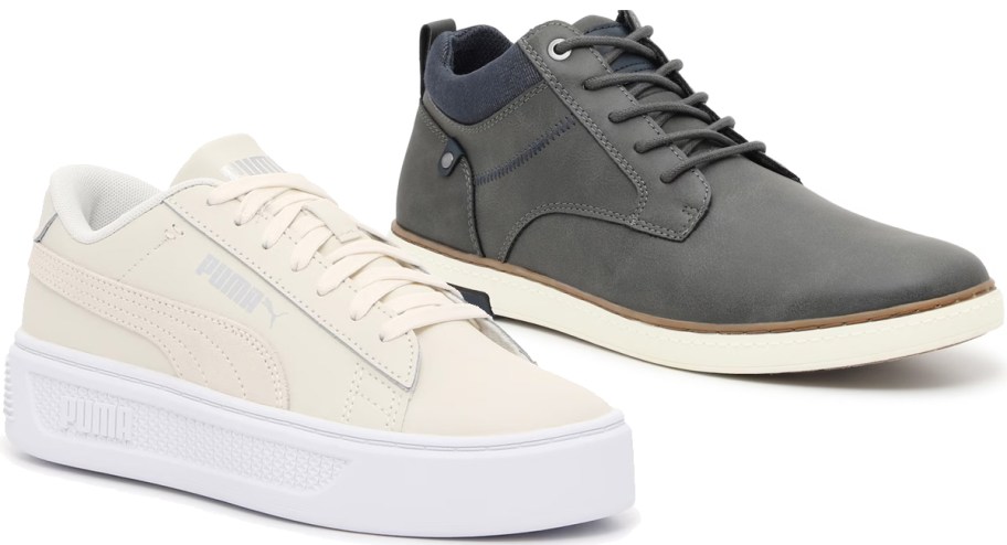 white platform sneaker and grey men's sneaker