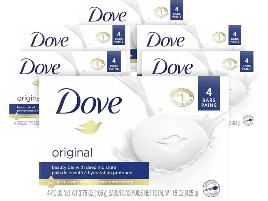 multiple blue and white boxes of dove beauty bars