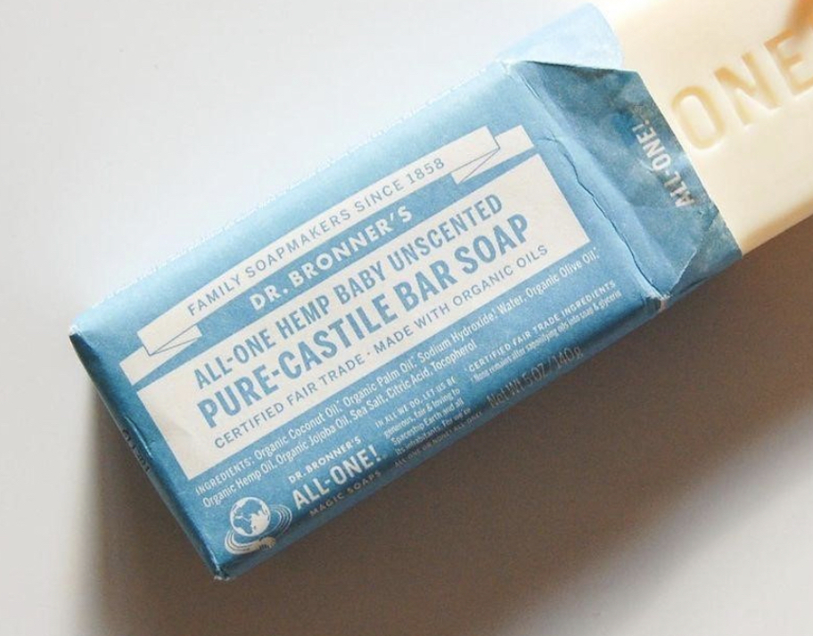 bar of dr bronners unscented bar soap on white background