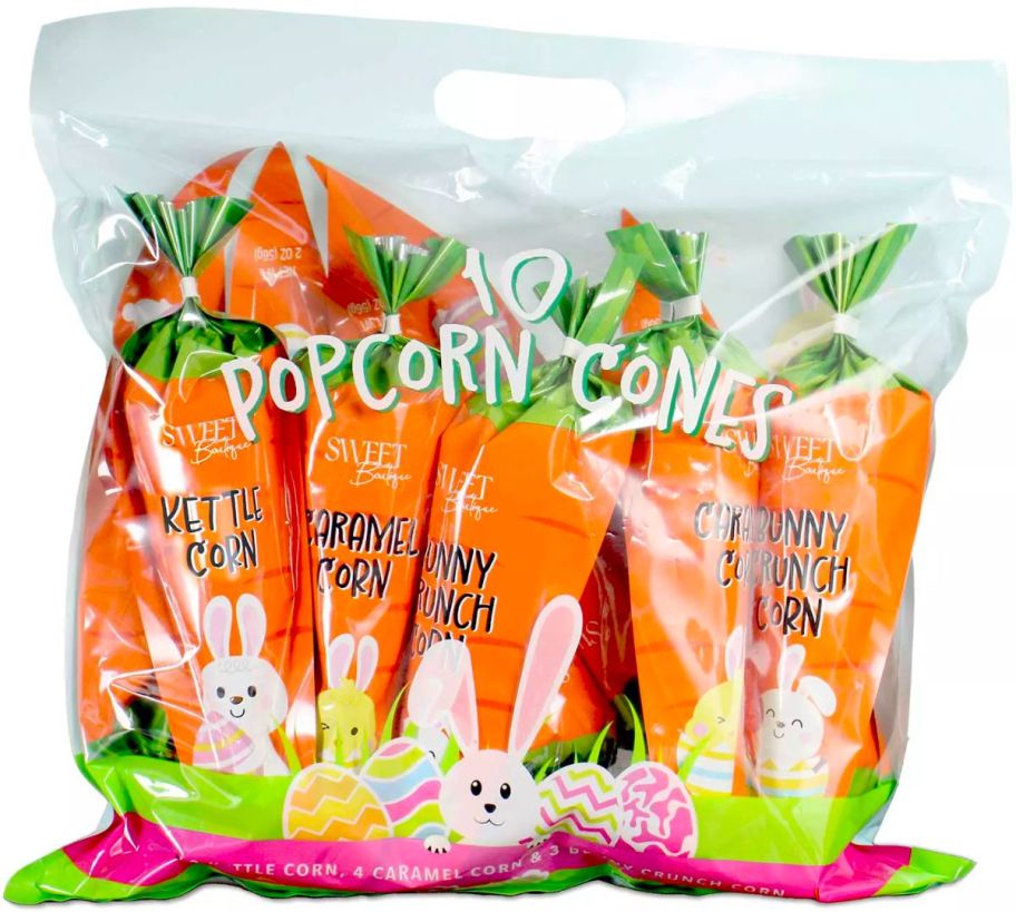 a 10 pack bag of carrot shaped bags filled with pop corn