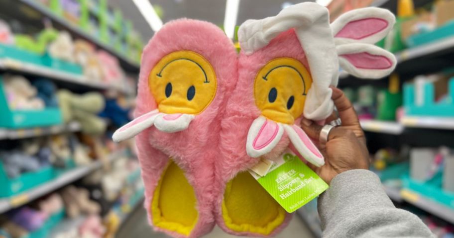 smiley plush slippers with matching headband