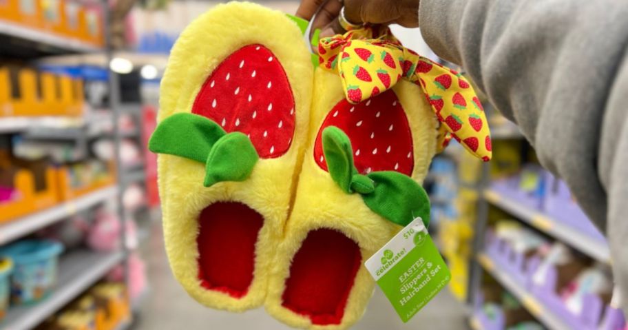 strawberry plush slippers with matching headband