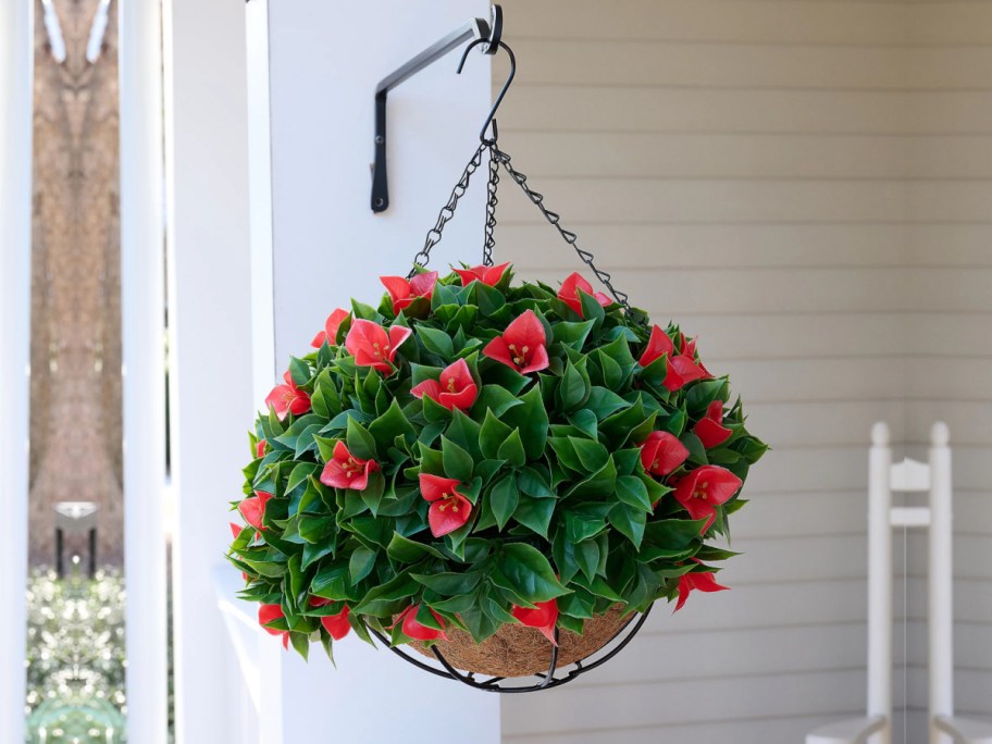 faux hanging basket with red flowers