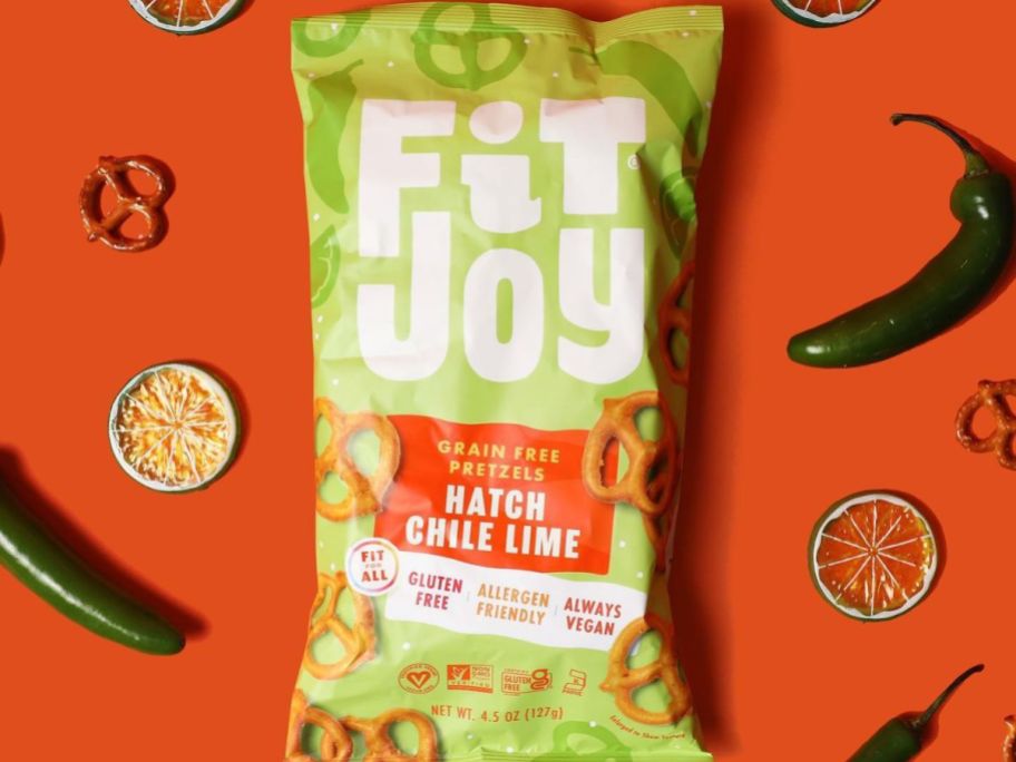 A bag of Hatch Chili Lime Fit Joy Pretzels