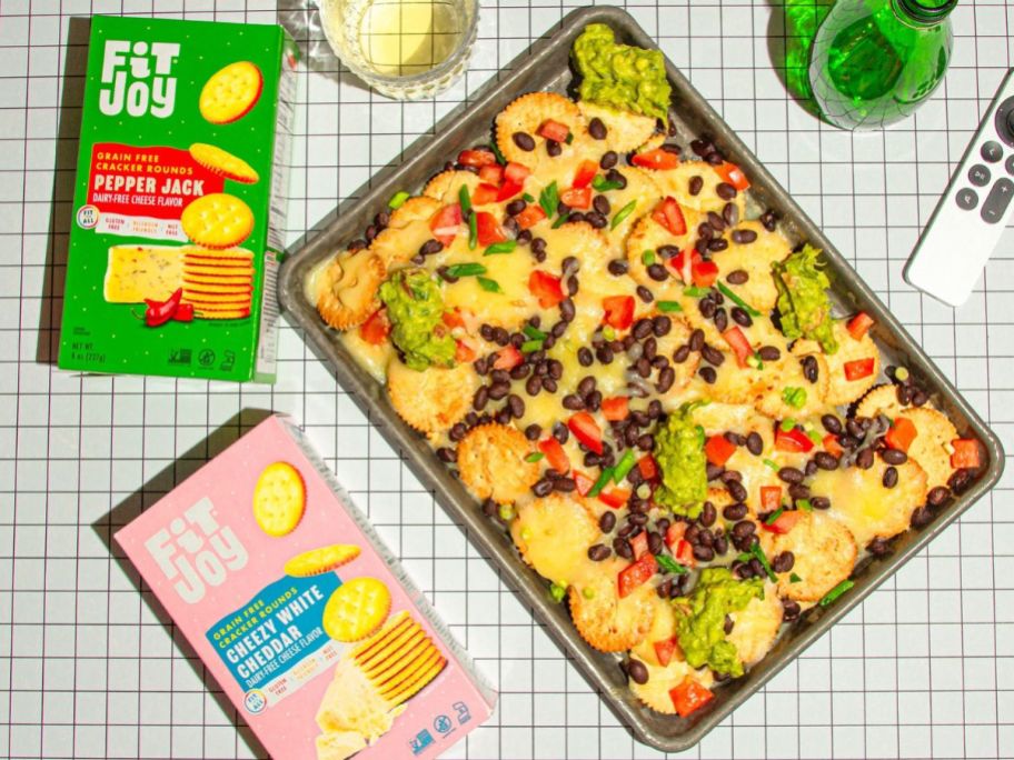 2 boxes of Fitjoy crackers next to a tray of Nachos made with crackers instead of tortilla chips