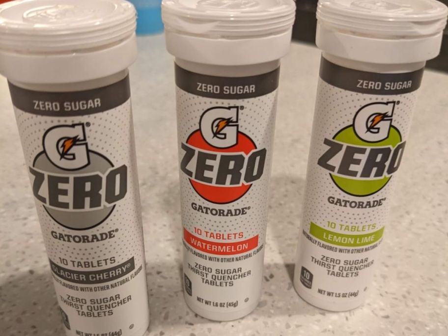 3 Gatorade Zero Tablets bottle on a counter