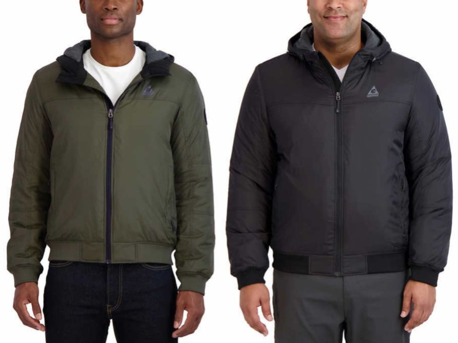 2 men wearing Gerry Men’s Hooded Bomber Jacket in green and black