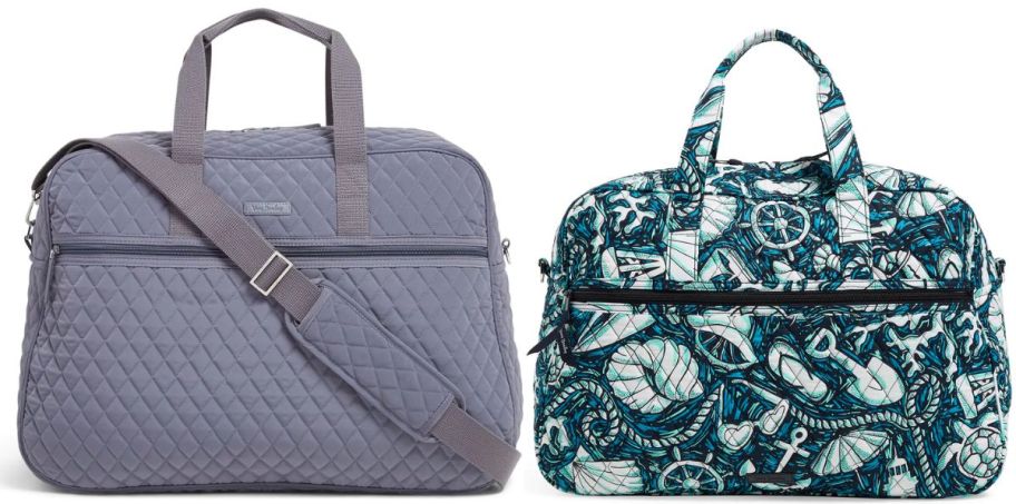 a large gray travel bag and a medium green shell print travel bag