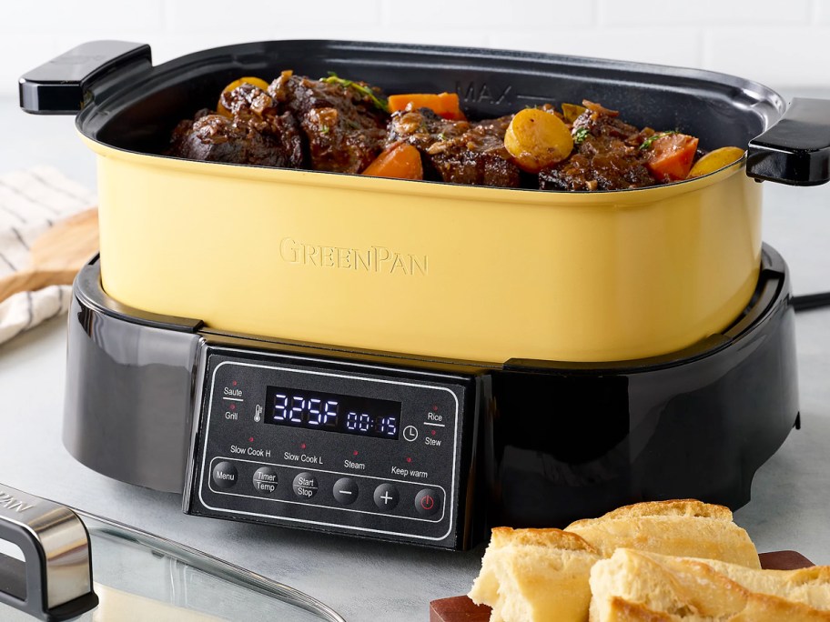 making stew in yellow and black GreenPan Multi-Cooker