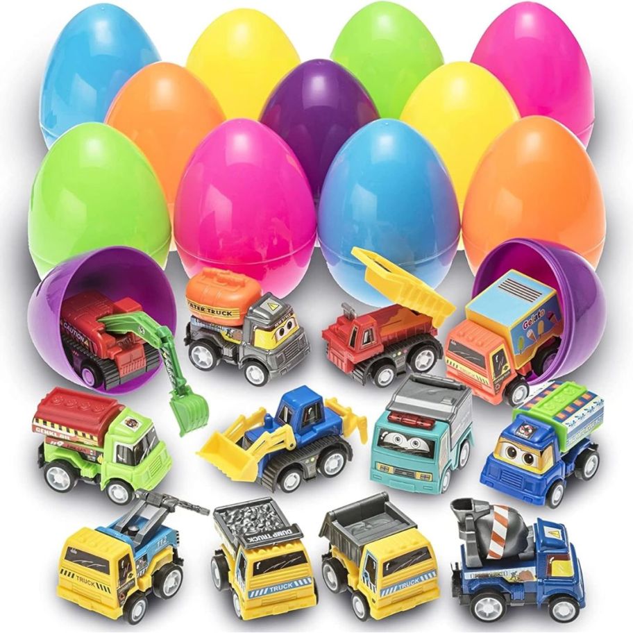 colorful plastic easter eggs with construction vehicle toys