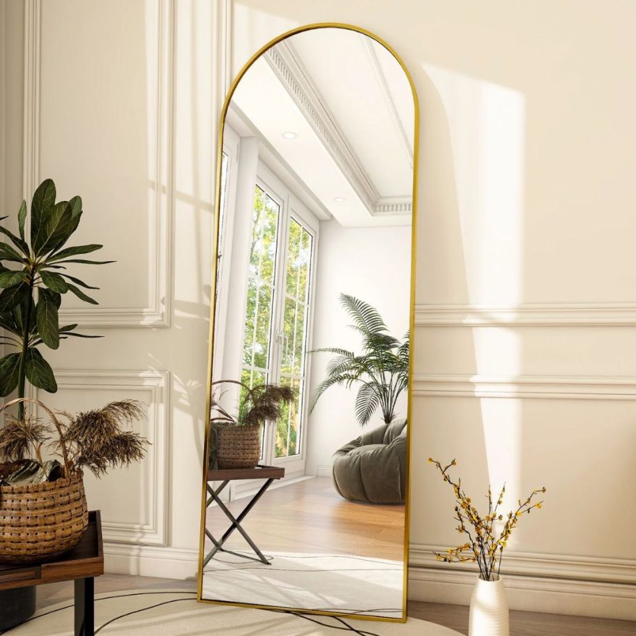 large floor length gold arched mirror against a wall with a a large plant beside it