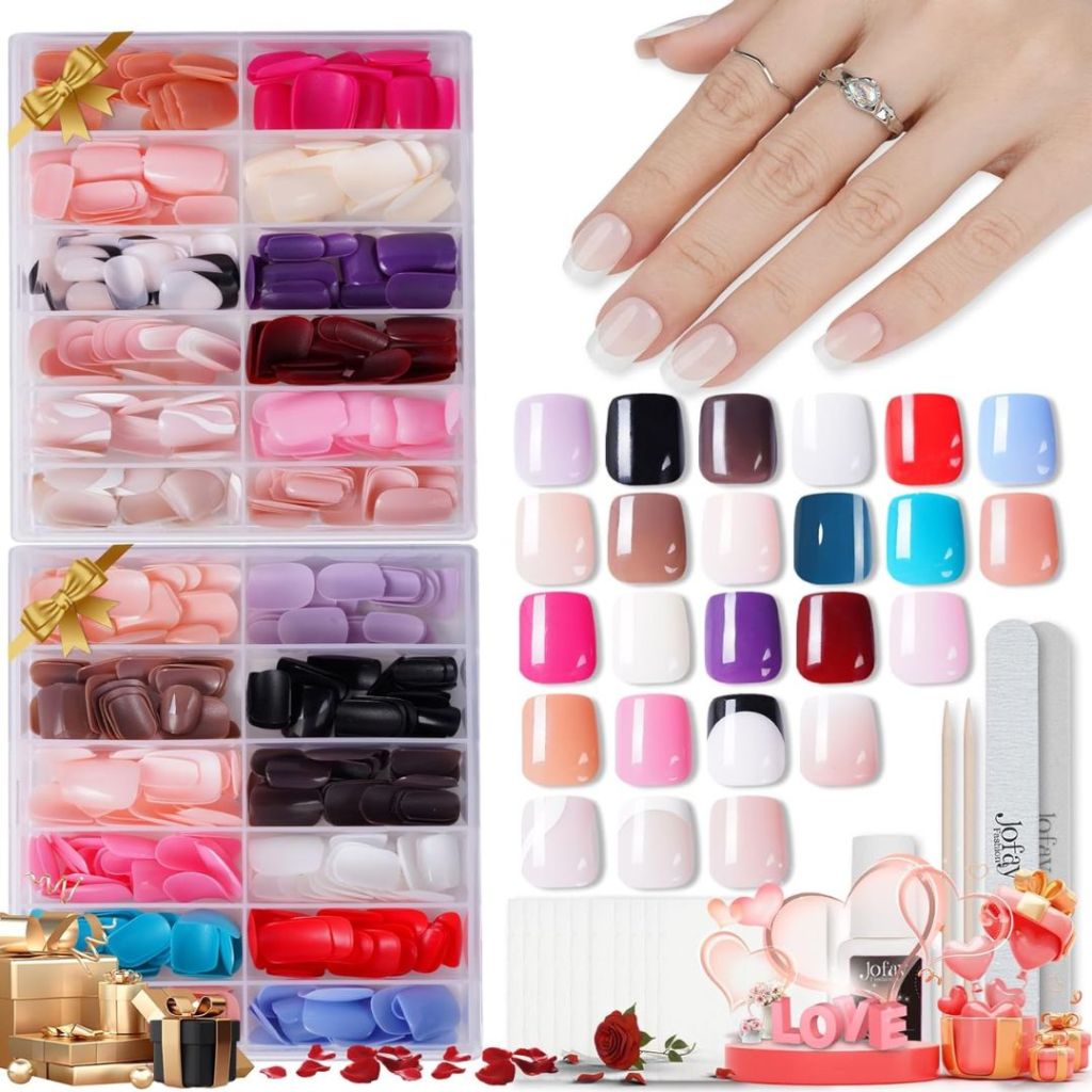 image of Jofay press on nails 24 set kit with storage box with colorful press on nails, hand with nails on and included supplies