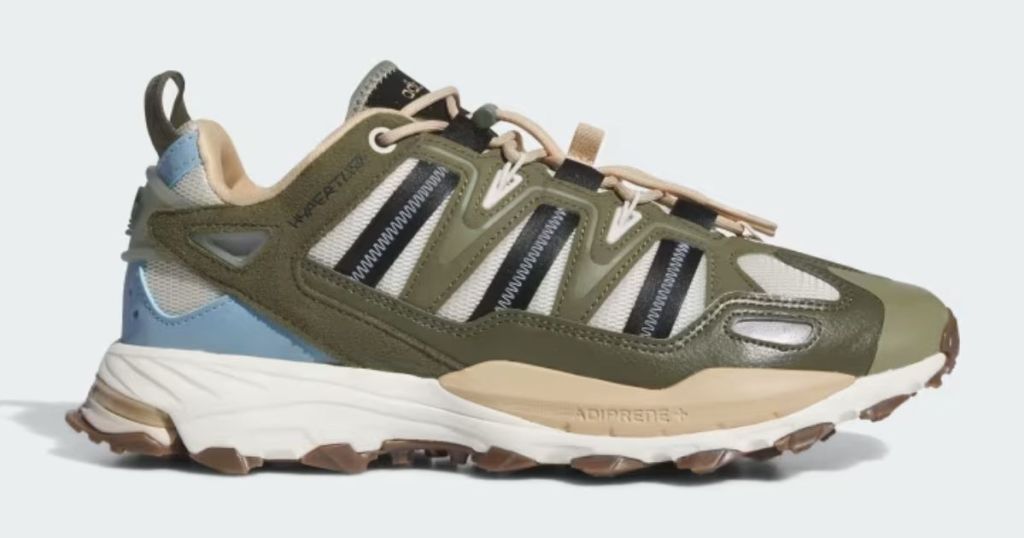 green, tan, white and blue women's adidas shoe