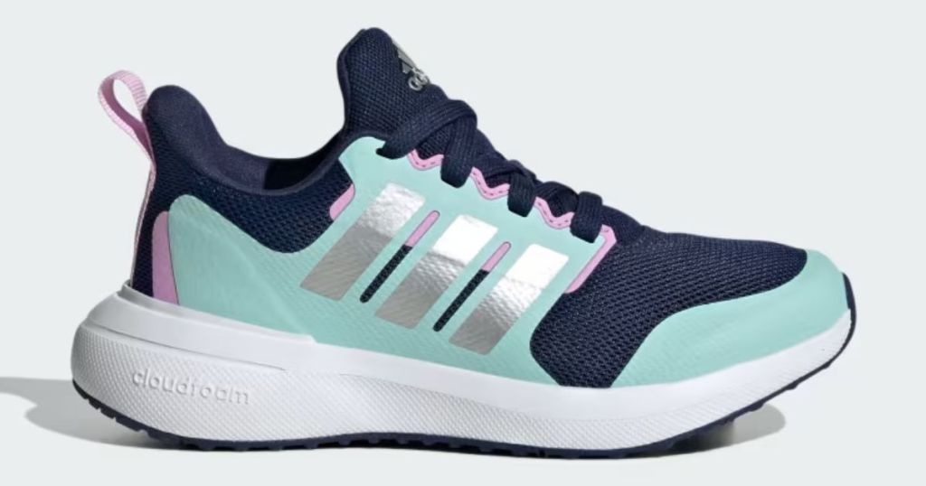 teal blue, navy and pink kid's adidas shoe