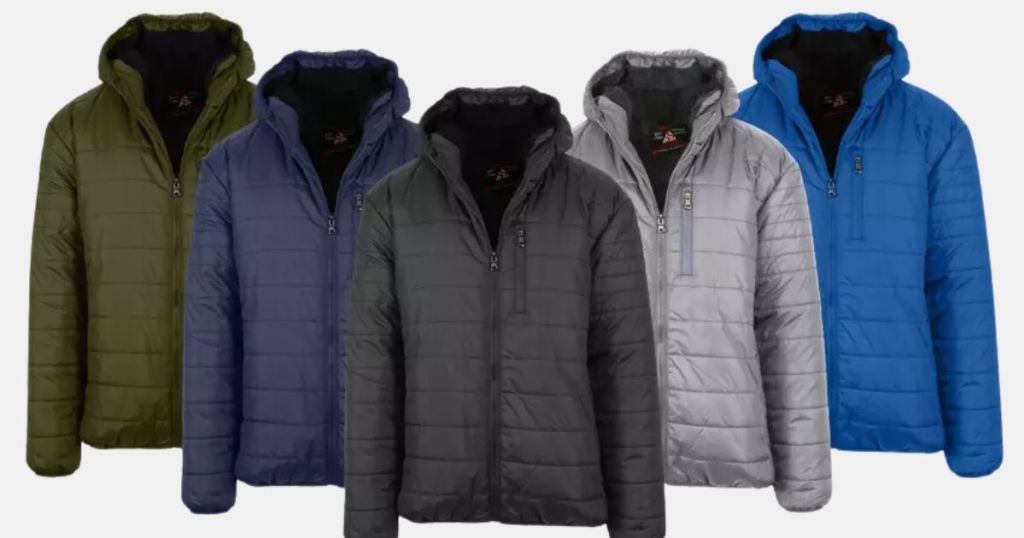5 different colored men's sherpa lined puffer jackets