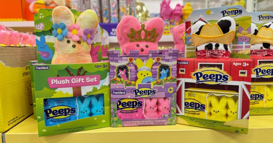 Peeps Plushes and Candy Gift Sets on shelf at Target