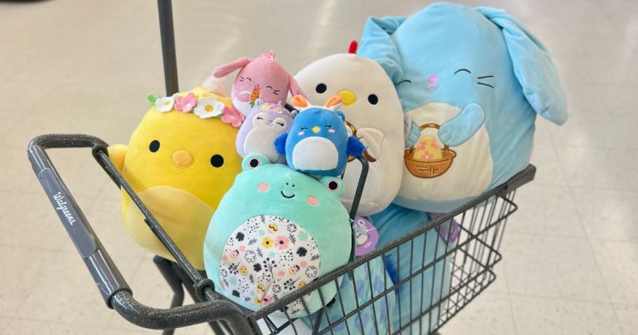 Walgreens shopping cart full of Easter Squishmallows