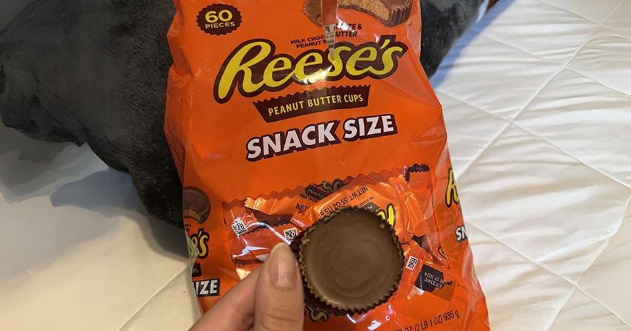 hand holding a Reese's snack size peanut butter cup in front of a large bag of snack size peanut butter cups