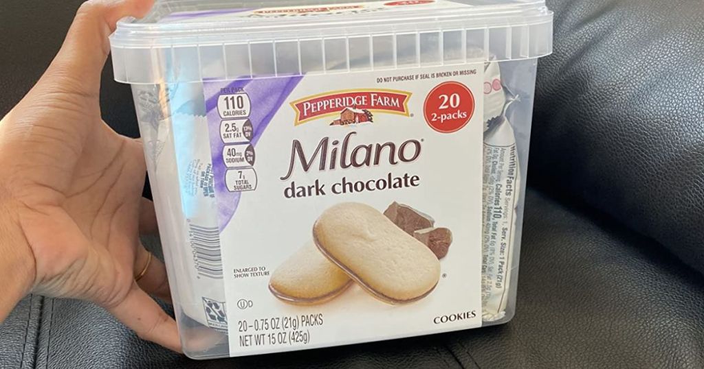 plastic container with Milano Dark Chocolate Cookies 2-packs, 20 count