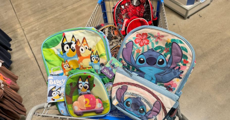 Bluey, Stitch and Spiderman kids backpack and lunch bag sets in shopping cart