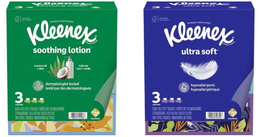 Kleenex soothing lotion and ultra soft 3-pack full size tissue boxes