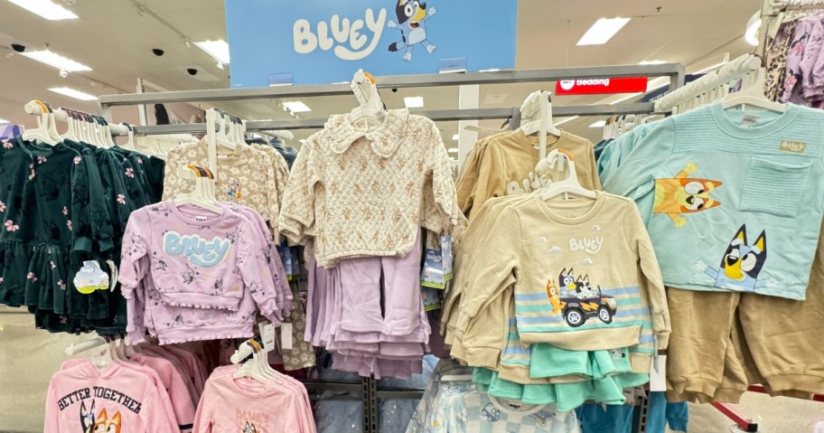 toddler's Bluey clothing sets on a Bluey display at Target