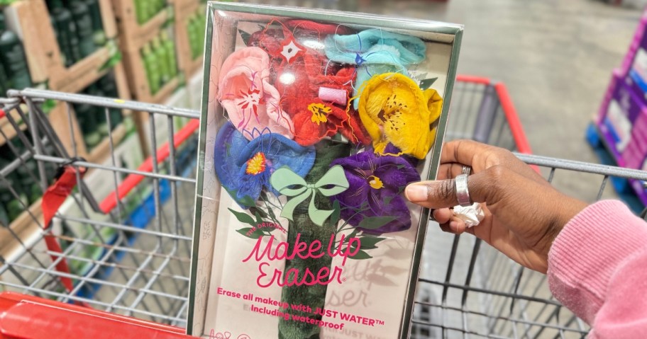 hand holding a makeup eraser 7 pc floral giftset in a Costco cart