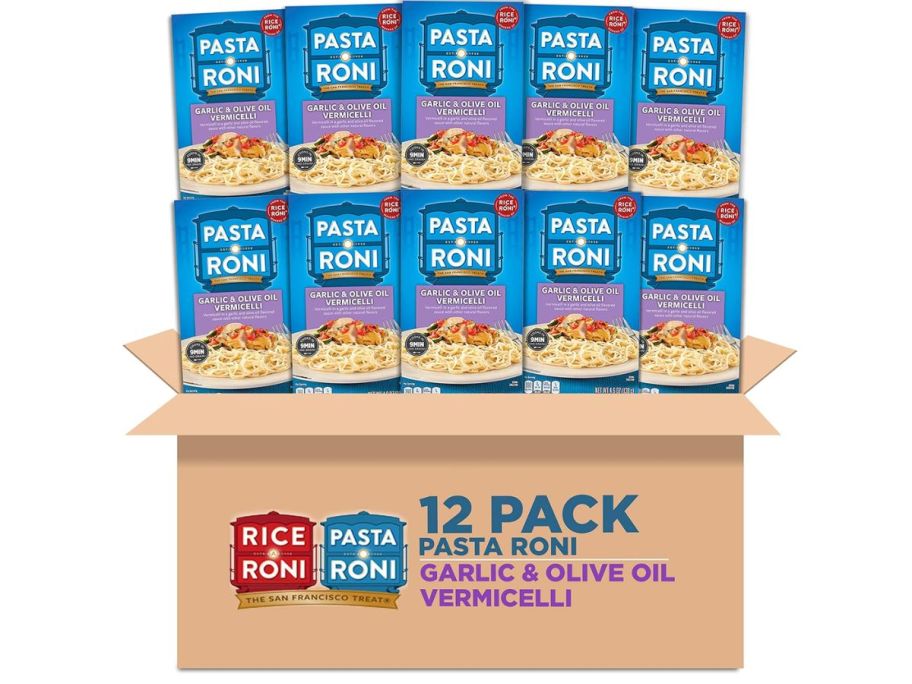 cardboard box with 12 Pasta Roni Garlic & Olive Oil Vermicelli Mix