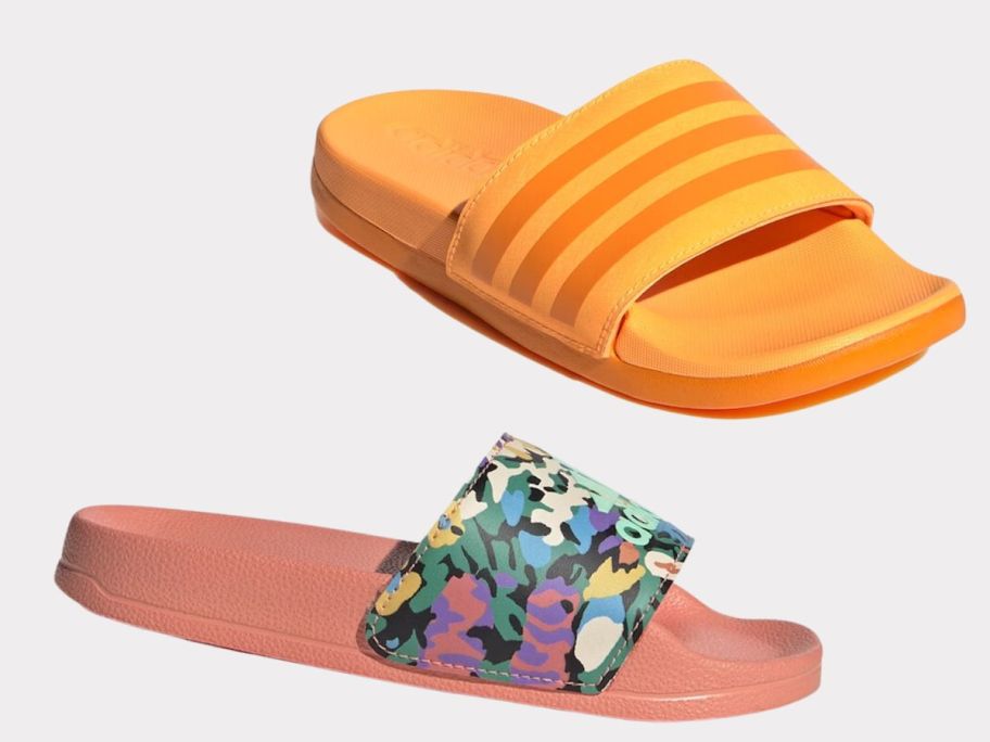 pink floral adidas slide and bright orange adidas slide - kid's sizes