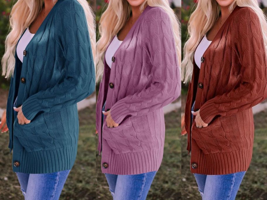 women wearing different colors of a cable knit button down cardigan