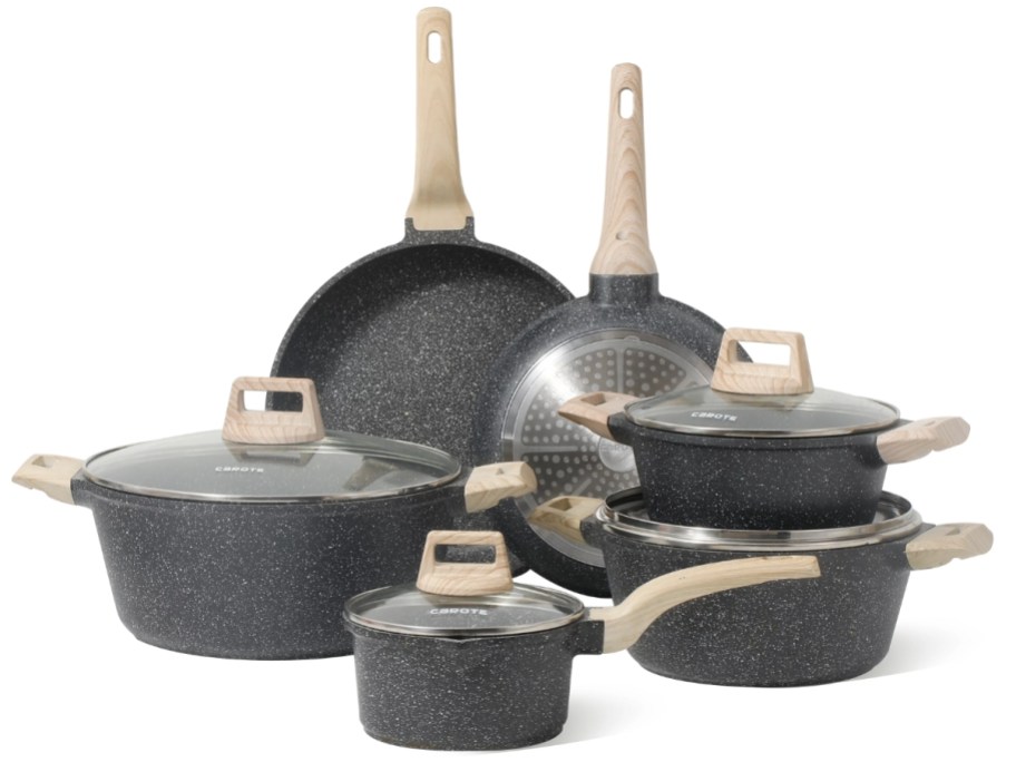 black granite and wood cookware set