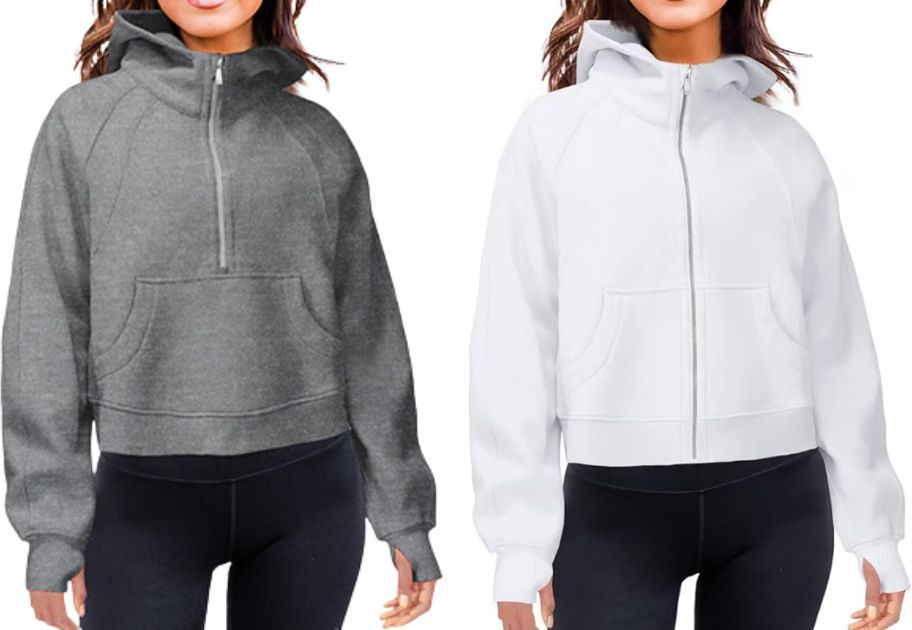 2 women wearing lululemon lookalike scuba hoodies, 1 in grey that his a quarter zip and one in white that is a full zip