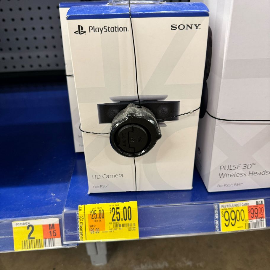 Playstation 5 HD camera in box on shelf with a $25 clearance tag