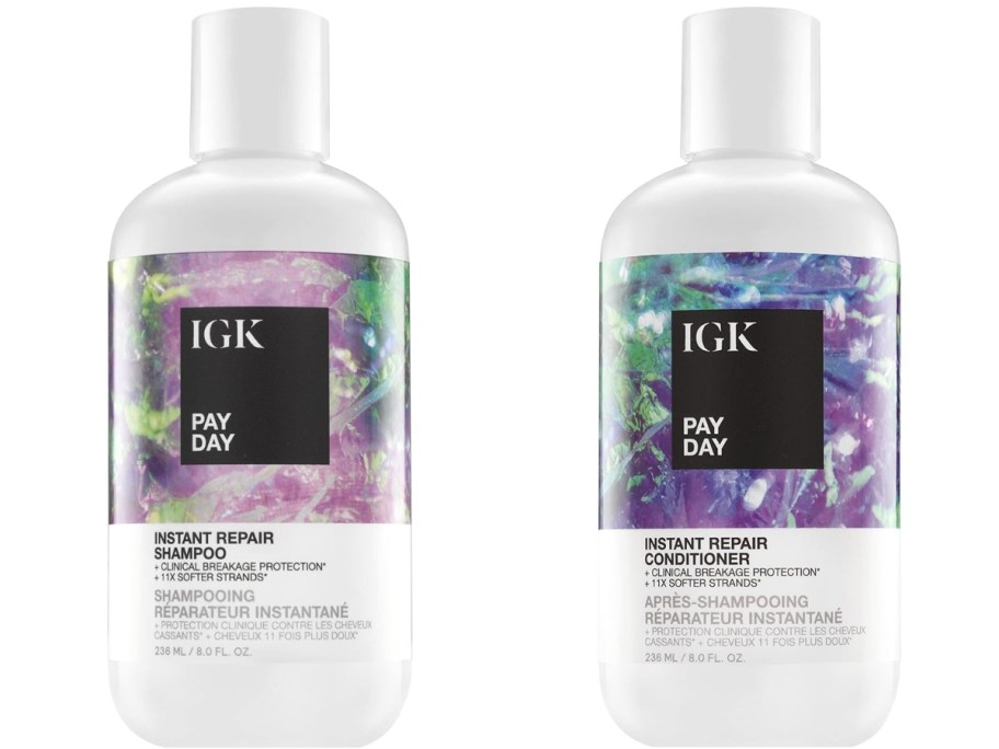 white with multi color labels bottles of IGK Pay Day Instant Repair Shampoo and Conditioner