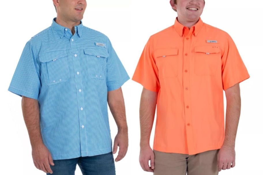 2 men wearing short sleeved button down shirts
