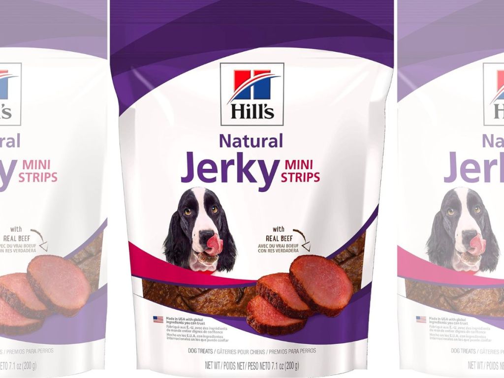 Hill's Natural Jerky Mini-Strips w: Real Beef Dog Treats bag on a white background