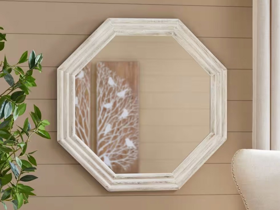 octagon shaped mirror with white frame on a wall near a plant