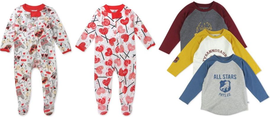 Stock images of HonestBaby Valentine's Day Sleep & Plays and 3-pack of toddler t-shirts