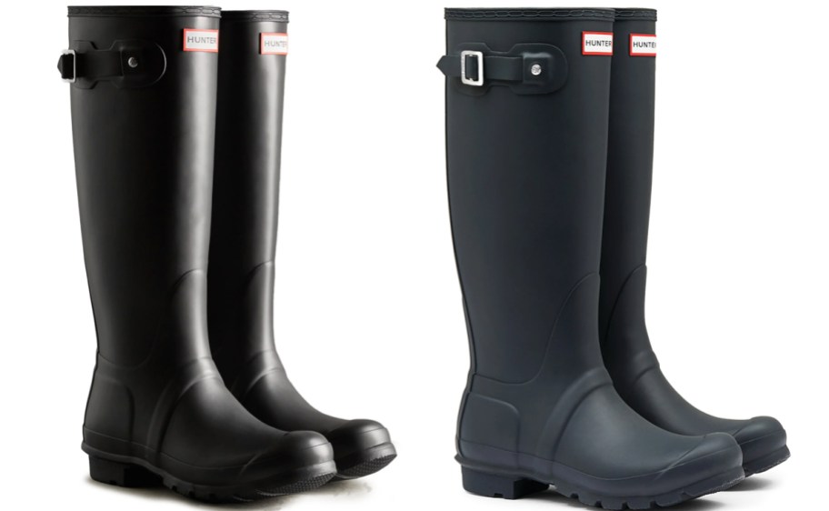 black and navy blue pairs of tall hunter rain boots