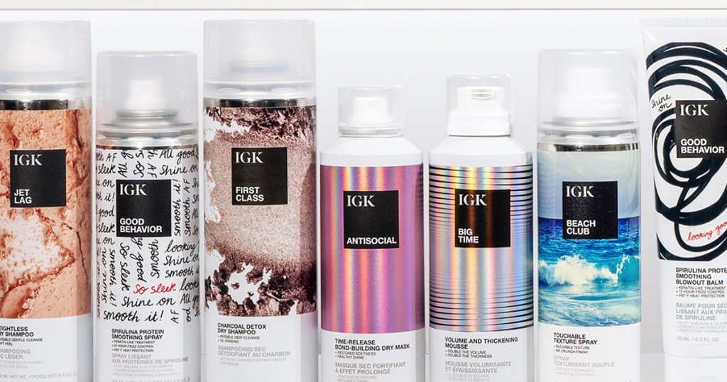 row of bottles of IGK Travel-Size Hair Styling Products