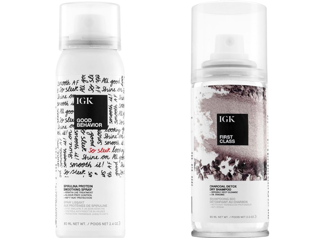 bottles of IGK smoothing spray and dry shampoo