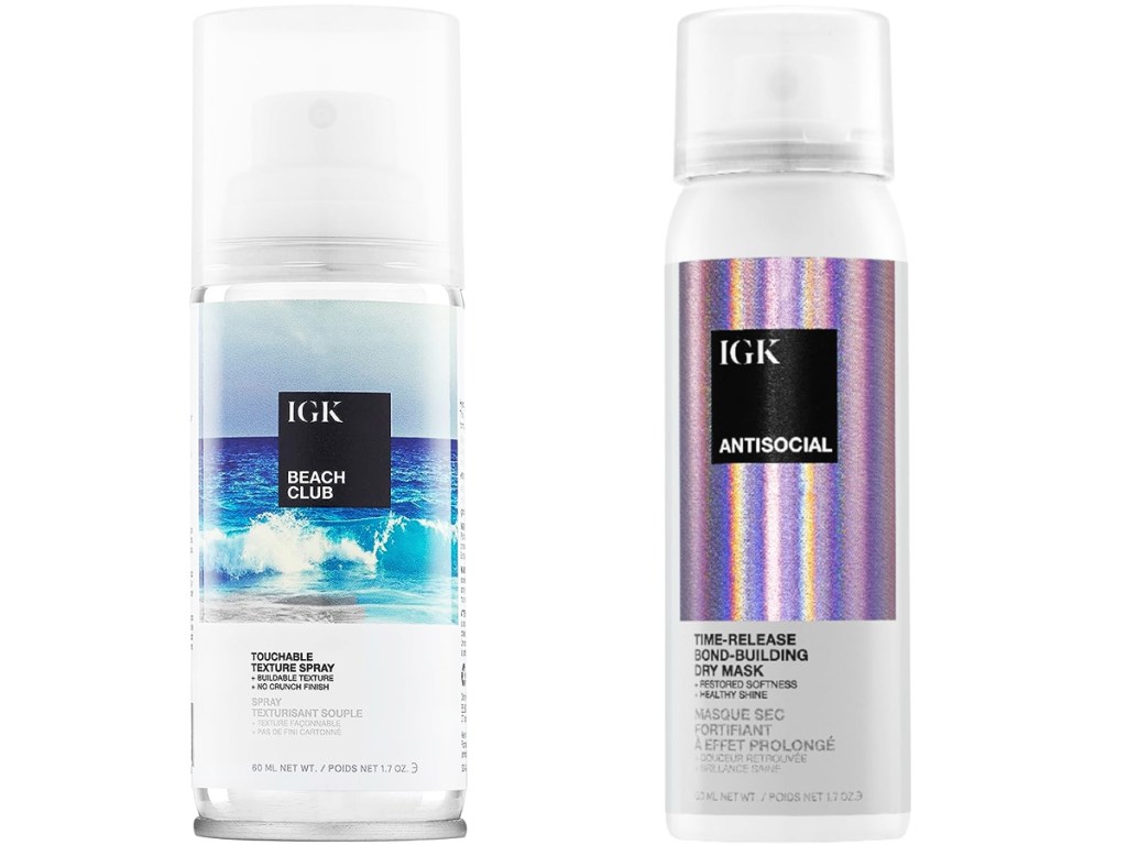 bottles of IGK texture spray and dry hair mask