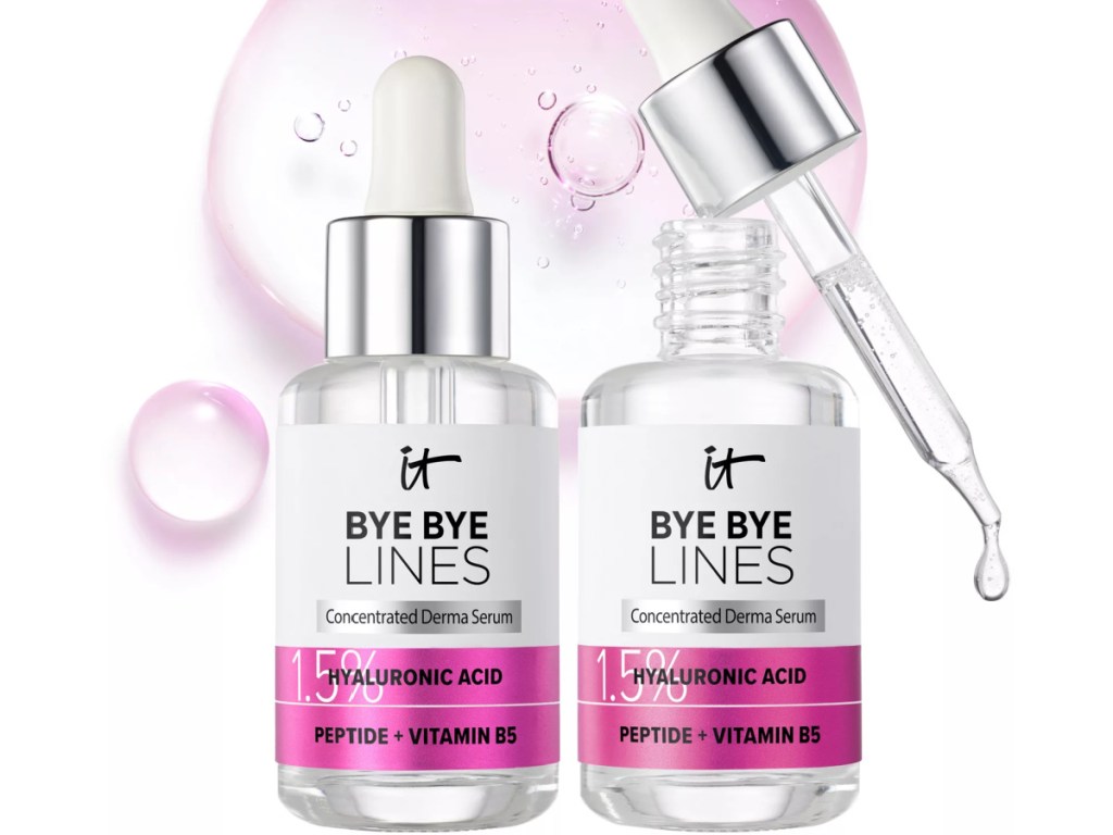 IT Cosmetics Bye Bye Lines Anti-Aging Serum Duo with pink bubbles pictured in the background