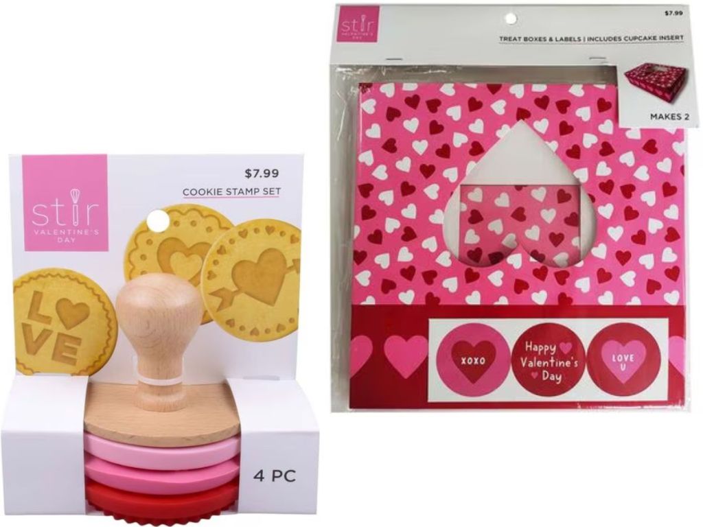 A valentine's Day cookie stamper and treat boxes from Joann Fabric