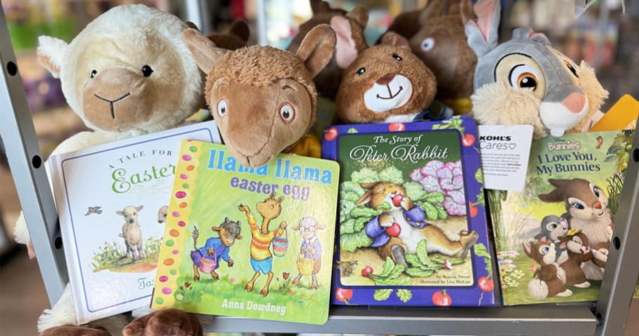 easter plush toys and book sets on store shelf