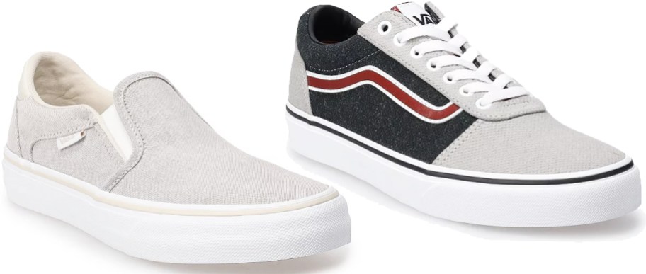 light grey slip-on shoe and black and grey vans sneaker