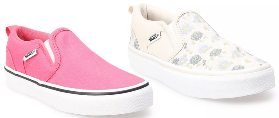 solid pink and white floral print slip on shoes