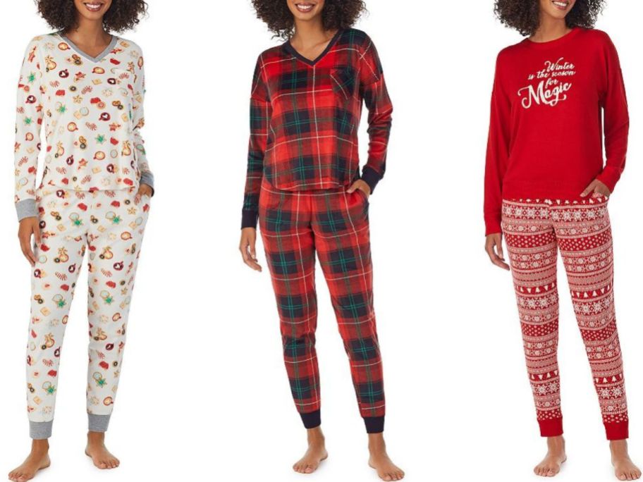 Stock images of 3 women wearing cuddl duds pajamas